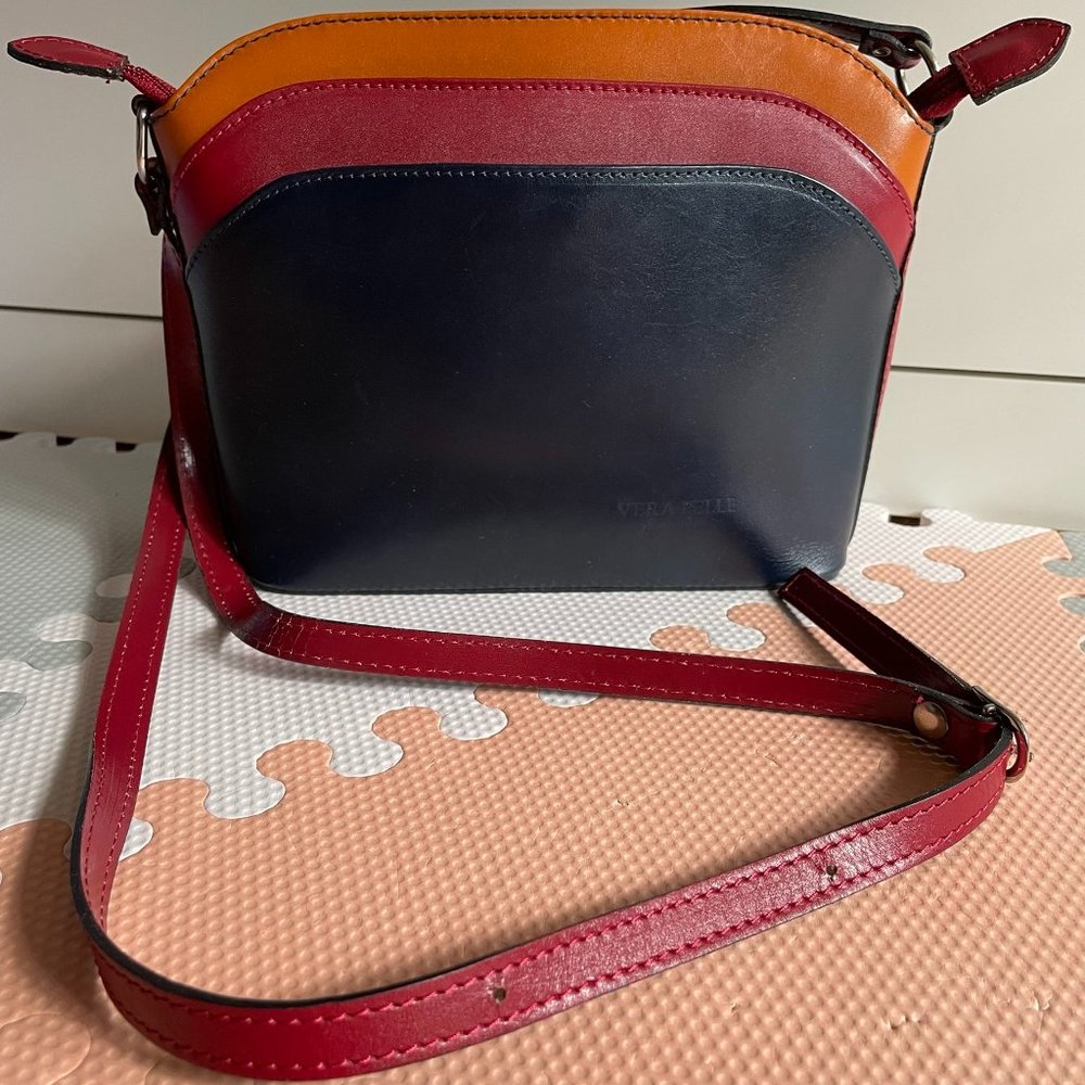 Vera Pelle Leather Crossbody Bag made in Italy (navy, red, orange)